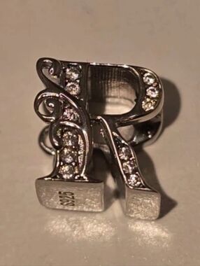 Sterling Silver 'R' Initial Charm with Cubic Zirconia Accents - S925